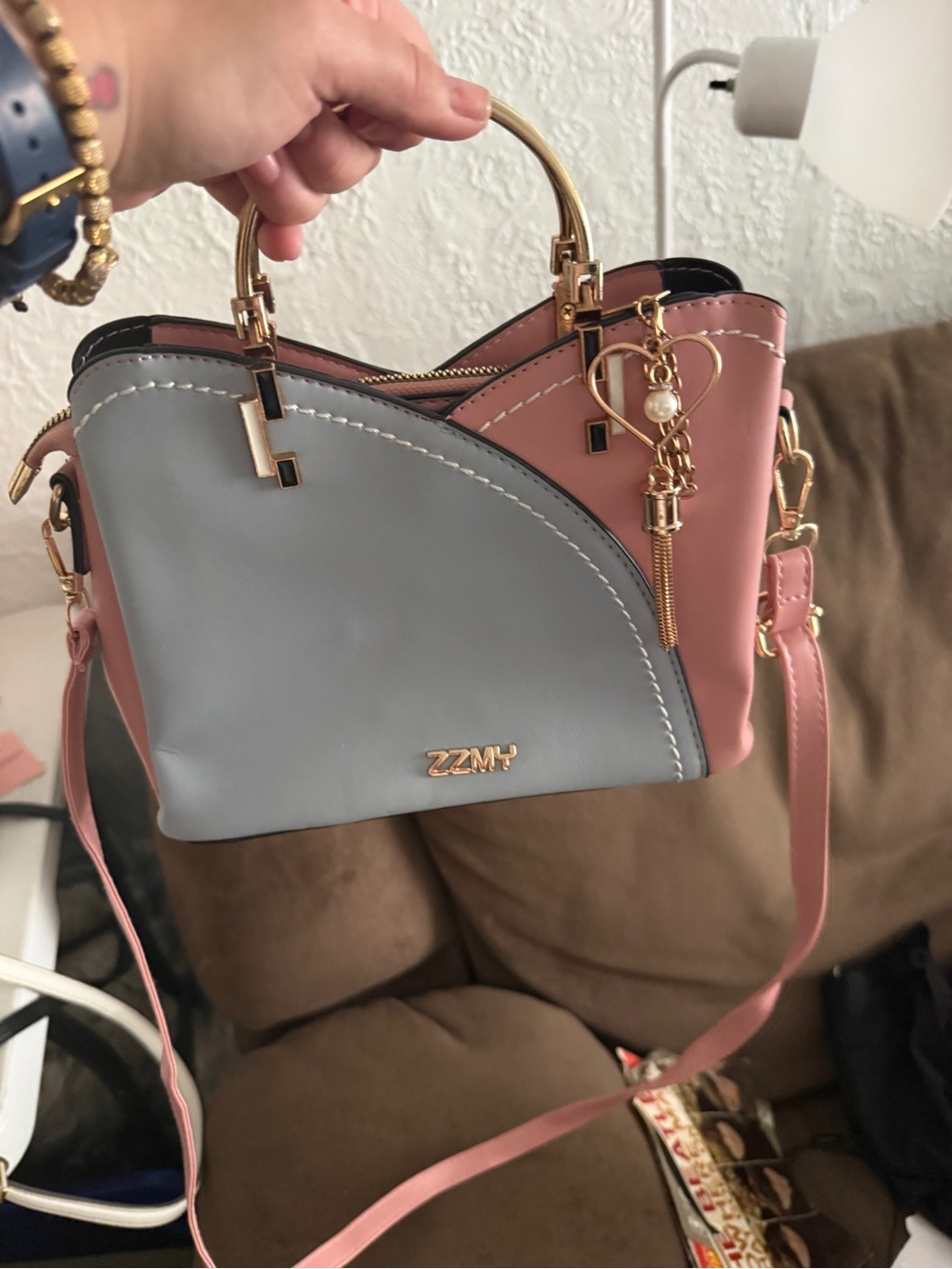 Two-Tone Pink and Light Gray Satchel with Gold Accent